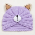 Detailed close-up of knit baby bear hat in lilac purple with plush animal ears - Purple