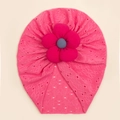 Detail of rose pink baby turban hat featuring a 3D fabric flower and breathable hollow knit - Rose Red