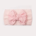 Bandeau bébé rose élastique en nylon avec un grand nœud brodé en maille ajourée - Rose Clair