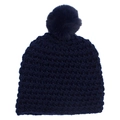 Navy blue knitted baby beanie with a matching faux fur pom-pom on white background - Navy Blue