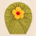Close-up of olive green baby beanie featuring yellow 3D fabric flower and eyelet embroidery - Green