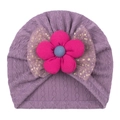 Detail of baby turban hat with pink flower and golden glitter mesh bow accent - One Size / Taro Purple