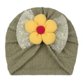 Detail of olive green knit turban hat featuring a yellow plush flower and sequined mesh bow - One Size / Green Yellow