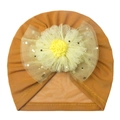 Detail of baby orange mesh turban hat with yellow flower and star sequins - Khaki/Earth Yellow