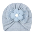 Detail of light blue baby turban hat with large decorative flower and silver glitter bow - One Size / Blue
