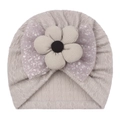 Detail of baby beanie with beige flower and purple sequin bow on grey knit fabric - One Size / Gray