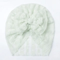 Close-up of mint green lace baby hat showing breathable mesh and large bow detail - Mint Green
