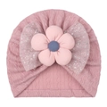 Detail of baby turban with pink knit texture and glitter mesh bow with floral deco - One Size / Pink