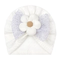 Cute white baby turban hat with large fabric flower and sparkling blue mesh bow - One Size / White