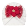 Close-up of white baby knit hat with red fabric flower and glittery mesh bow detail - One Size / White Red