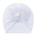 Close-up of white baby beanie featuring a large mesh flower with gold and silver sequins - White