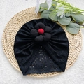 Turbante per neonati nero traforato con grande fiore 3D e dettaglio rosso - Taglia unica / Nero