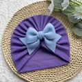 Soft purple newborn turban hat featuring a contrasting light blue double layer bow - Purple