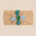 Soft nylon baby headband featuring a multi-color fabric flower and a green button accent - Beige Coffee