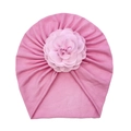 Pink soft knit baby turban hat with a large decorative flower for newborns and infants - Pink