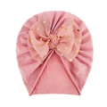 Dettaglio del turbante neonata con fiocco in rete rosa a pois dorati e tessuto di cotone - Taglia unica / Rosa Antico