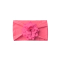Detail of baby headband featuring soft pink knit fabric and layered floral ornament - Rose Red