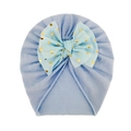 Cappellino neonato azzurro con grande fiocco a pois dorati su morbido tessuto a maglia - Taglia unica / Blu