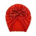 Dettaglio cappello a turbante rosso per neonati con fiocco in tulle a pois oro - Taglia unica / Arancione