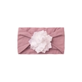 Detailed close-up of a dusty rose baby headband featuring a white 3D fabric flower - Taro Purple