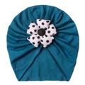 Peacock blue baby turban hat featuring a large white polka dot fabric flower detail - One Size / Navy Blue