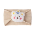 Close-up of beige cable knit baby headband with a cute plush bear wearing a tiny blue hat - Beige Coffee