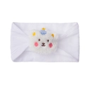 Close-up of white elastic baby headband featuring a soft plush bear with blue striped hat - White