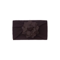Detail of baby headband with a large layered fabric flower in deep brown color - Black
