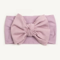 Close-up of soft pale purple baby headband with large bow and elastic knit texture - Taro Purple
