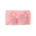 Pink soft nylon baby headband with a glittery mesh double bow for infant girls - Pink