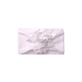 Detail of soft white baby headband featuring a large 3D fabric flower on white background - White