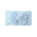 Detail of light blue baby headband with large glittery mesh bow and soft elastic fabric - Blue