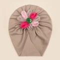 Turbante per neonati beige a coste con fiore rosa e grigio e bottone verde decorativo - Grigio