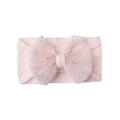 Close-up of soft pink baby headband featuring a mesh bow with sparkling silver sequins - Light Pink