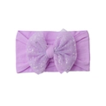 Detail of purple infant headband with large glittery mesh bow and elastic knit fabric - Purple