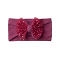 Close-up of baby headband with burgundy glitter mesh bow and soft elastic fabric detail - Deep Purple
