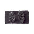 Close-up of baby headband with a large silver sequin bow on a black elastic fabric - Black