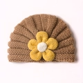 Coffee brown knitted baby turban hat with a large yellow fabric flower decoration - Coffee