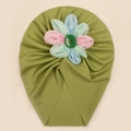 Turbante neonata verde oliva elastico con dettaglio fiore colorato in tessuto fatto a mano - Verde