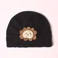Detail of soft black baby turban with cute 3D cartoon lion embroidery and corduroy petals - One Size / Black