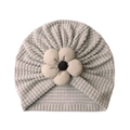 Cute light grey baby waffle beanie hat featuring a large beige corduroy flower decoration - Gray