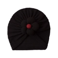 Soft black knit baby turban hat with a large decorative flower and red center detail - Black