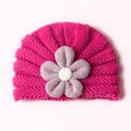 Cute deep pink knitted baby turban hat with a soft 3D purple flower and knit texture - Rose Red