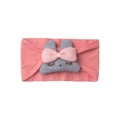 Close-up of pink knitted baby headband with grey bunny embroidery and 3D bow detail - Dust Rose