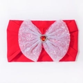 Christmas baby nylon headband with large white sequined bow and red heart gemstone - Red Mesh Bow Style