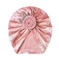 Bonnet turban bébé rose en velours avec grande rose et feuille dorée pour l'automne - Rose