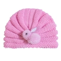 Pink knit baby beanie with cute plush bunny ornament, soft winter hat for newborns - Pink