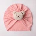 Zachte roze gebreide babymuts met schattige pluche beer voor herfst- en winterwarmte - Eén maat / Sneeuwknop