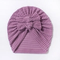 Close-up of purple baby turban hat with double bow design and waffle knit texture - One Size / Purple