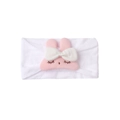 Detail of soft white knitted baby headband featuring a cute pink plush bunny with a bow - White